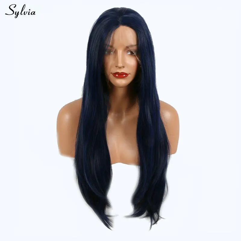 

Sylvia Synthetic Lace Front Wigs For Women Girls New Long Silky Straight Synthetic Hair Mixed Dark Blue Middle Parted Glueless