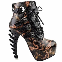 LF80648 Sexy Punk Design Brown Snake Pattern Bone High Heel Platform Ankle Boots Black