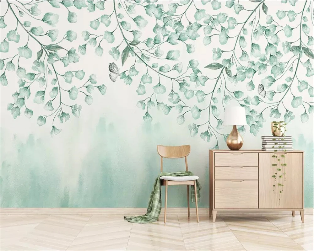 

Custom wallpaper fresh green leaves watercolor style Nordic living room TV background wall decoration 3d wallpaper