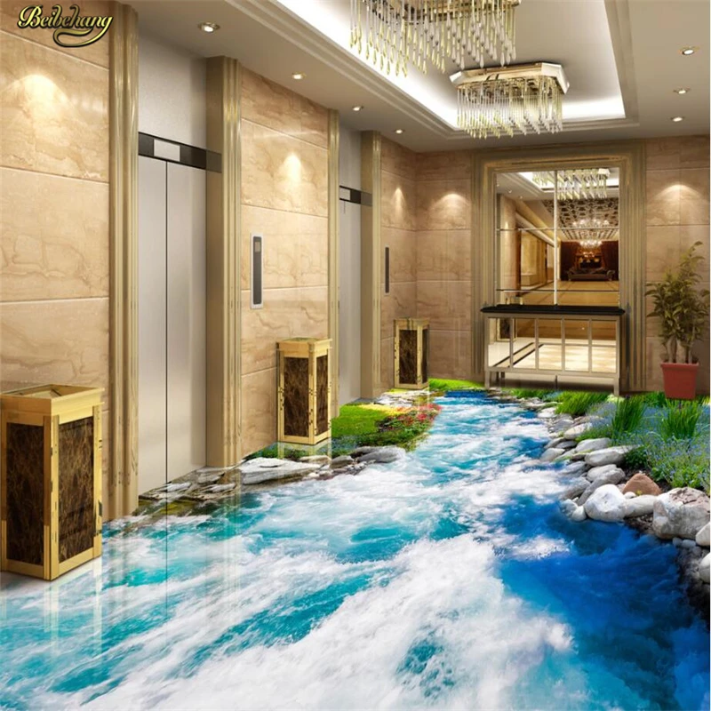 beibehang Custom Photo Wallpaper Floor Painting Striped Grass Creek Water 3D Floor Tile Three - dimensional Painting