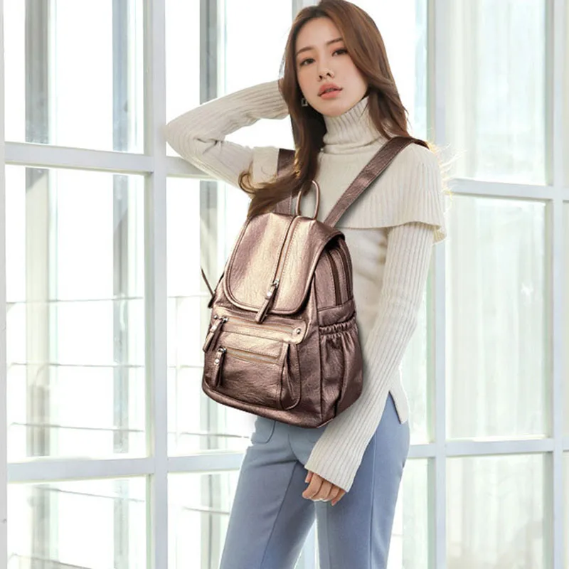 Ladies Leather Backpack Fashion Women Travel Backpacks Luxury Sac A Dos School Backpacks for Girls Black Large Mochilas XA281H