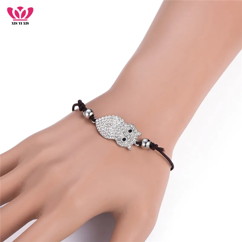 Clear Crystal Owl Charm Bracelet Black Eyes Cute Owl Adjustable Rope Chain bracelet Women Girl Gift Dropshipping 2019 Wholesale