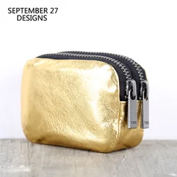 Double Zipper Coin Purses Ladies Genuine Leather Luxury Gold Credit Card Wallet Men Key Pouch Cowhide Storage Bag