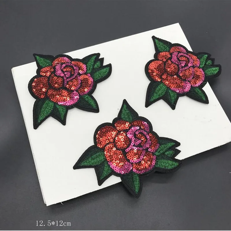 3pcs/lot Red Rose 3D Sew On Sequins Flowers Patch Clothes DIY Iron On Patches for Clothing T-shirt Dress