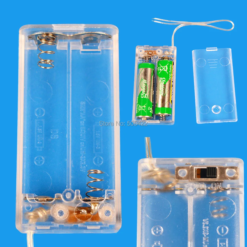 100pcs/lot 2 AA 2AA Battery Storage Box Holder Case With ON/OFF Switch Transparent Wholesale