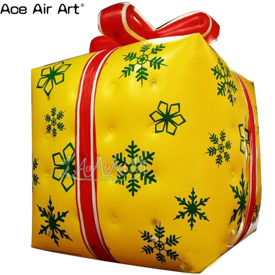 

3mH Giant Yellow Inflatable Christmas Gift, Present Box With Red Ribbon For Hanging Decoration