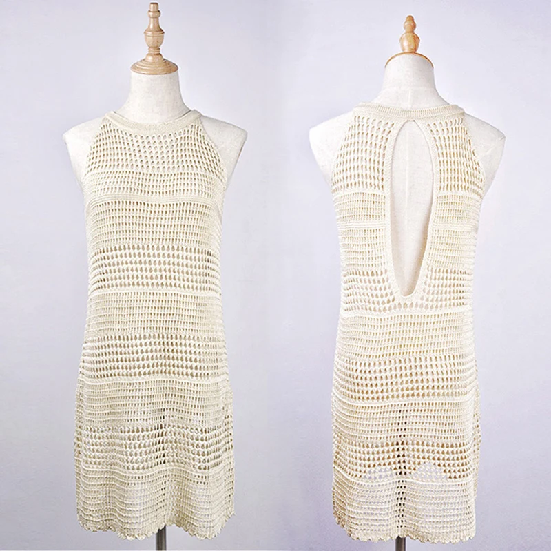 

Sexy Crochet Knitted Beach Cover up dress Slimming High Neck Kaftan Tunic Hollow Out Backless Bikini Mesh Cover-up Pareo