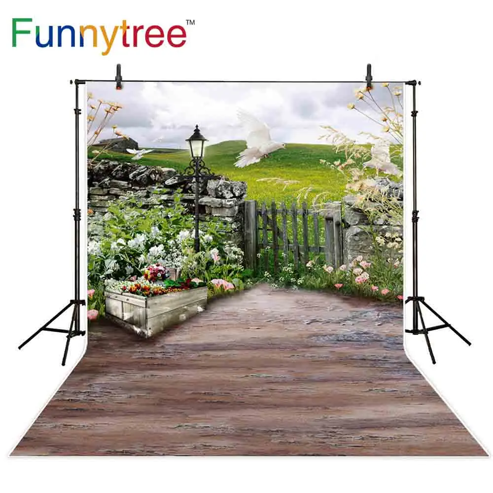 Funnytree photography backgrounds spring courtyard fence lawn garden nature photo backdrop studio photocall photophone