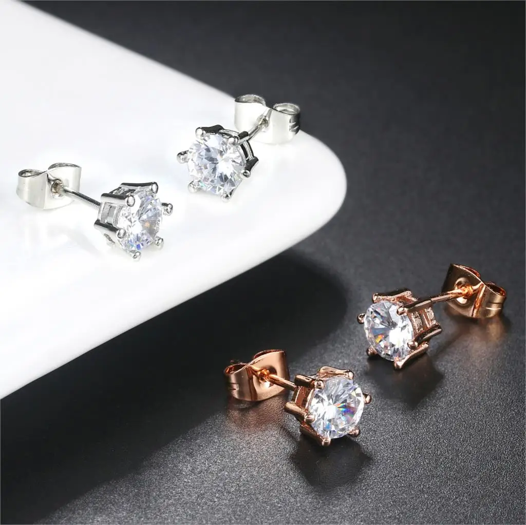 Classic Zirconia Stud Earrings for Women Men Sparkling Crystal Rose Gold Color Wedding Engagement Ear Accessories Jewelry E035