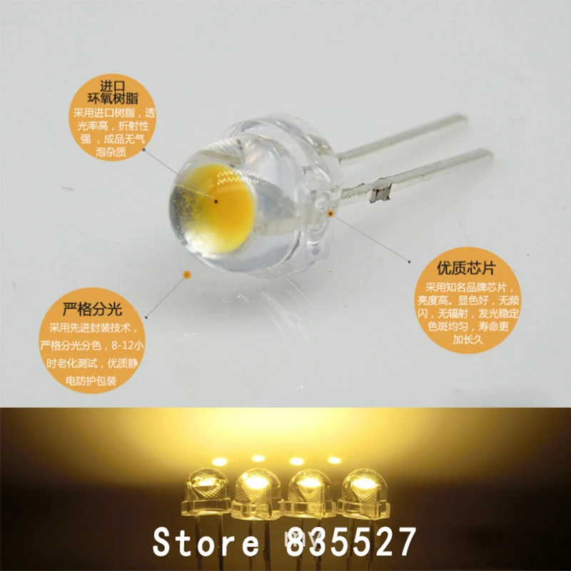 20pcs/lot 5mm warm white LED straw hat F5 big large chip super bright 0.25W LED light emitting diode lamp beads for DIY lights