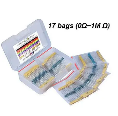 17 Values 1/4W 1% Resistor Kit Assortment, 0 Ohm-1M Ohm (Pack of 525) for class education, engineer electronics experiment