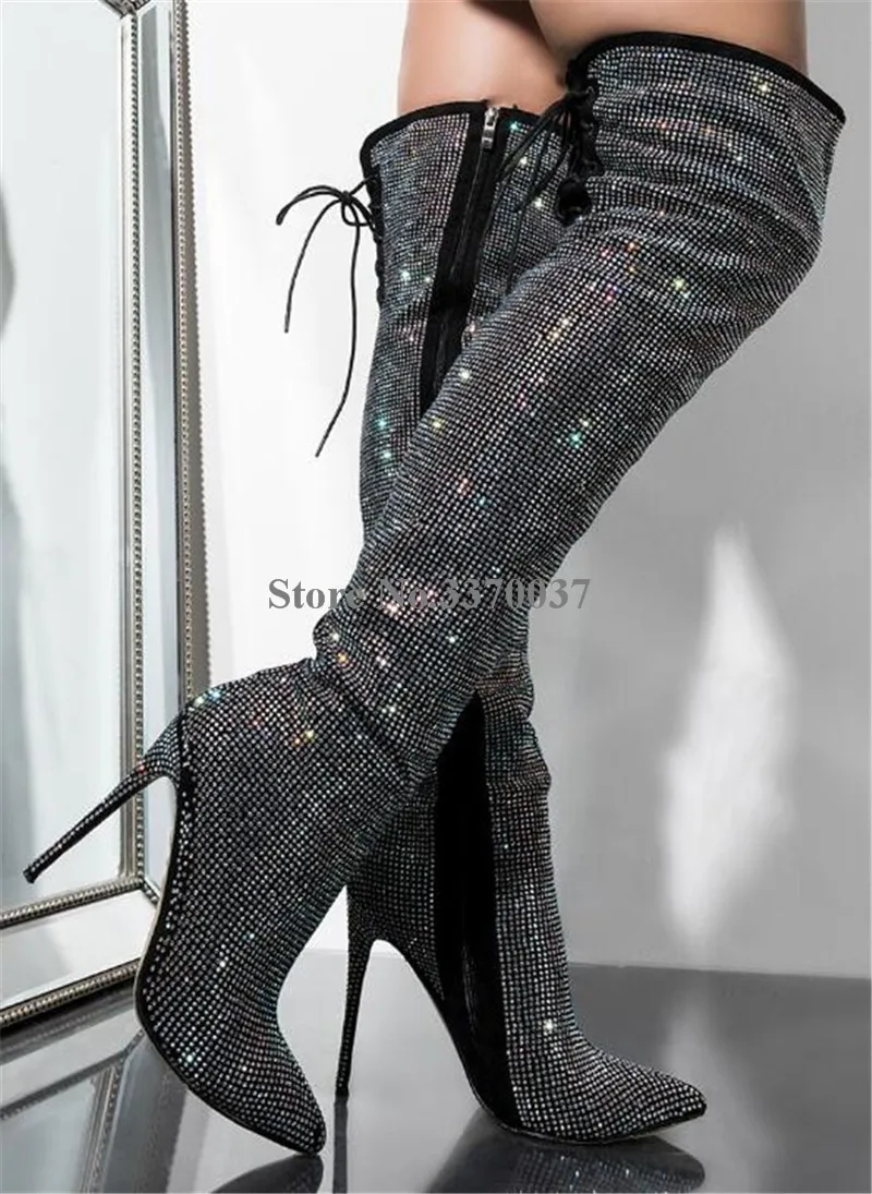 Women Luxurious Bling Bling Pointed Toe Rhinestone Thin Heel Over Knee Boots Back Lace-up Black Crystal High Heel Long Boots