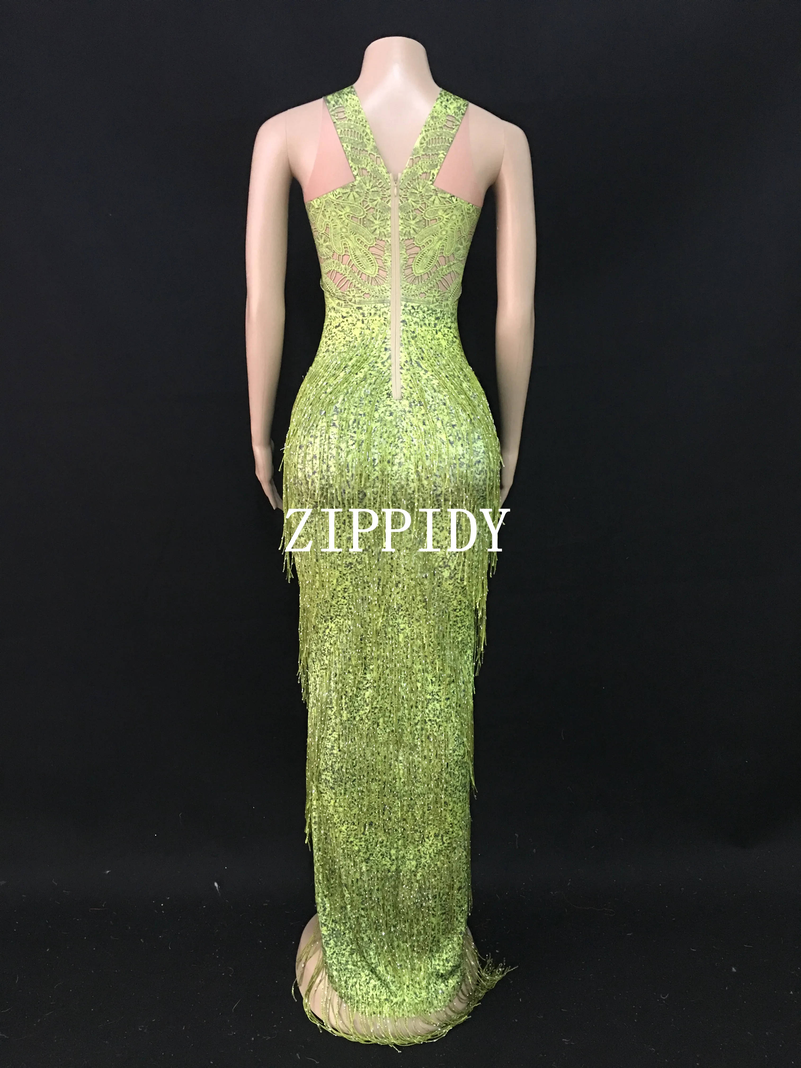 New design Neon Green Fringes Long Dress Big Stretch One Piece Tassel Dance Outfit Wear Nightclub Show Birthday Celebrate Dress