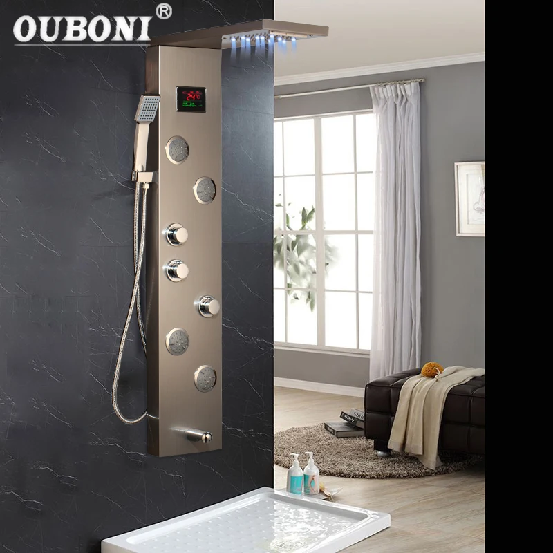 OUBONI Nickel Brush Digital Display Shower Panel Column LED Head Dark Grey Rainfall Shower Spa Jets Bath Shower Mixer Faucet