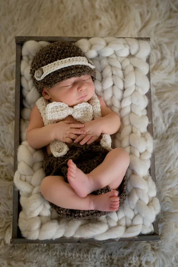 Special clearance- baby 100% Cotton Handmade crochet Newsboy hat, bow tie and overalls/Diaper Cover Set Newborn Photo Prop 0-3M