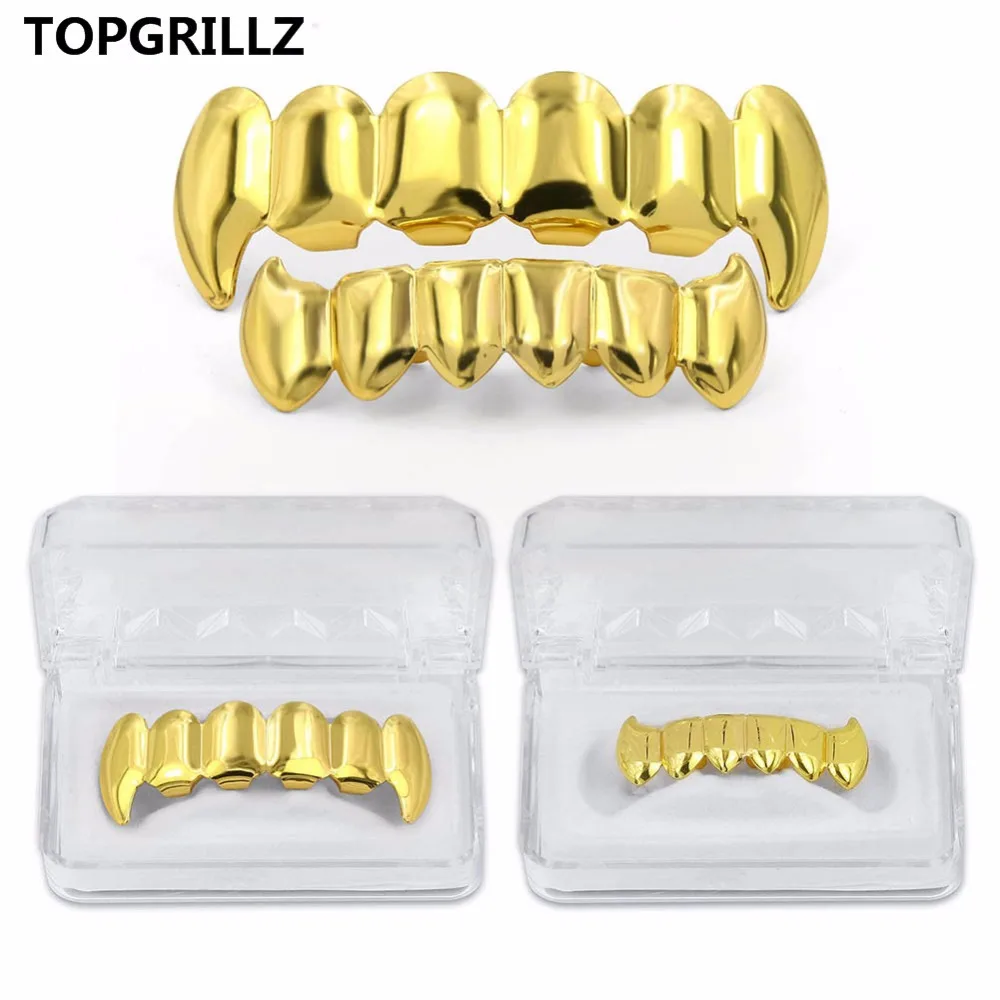 TOPGRILLZ Gold Silver Plated HIP HOP Teeth Grillz Top & Bottom Grills Set With silicone Real Shiny Vampire Tooth Sets