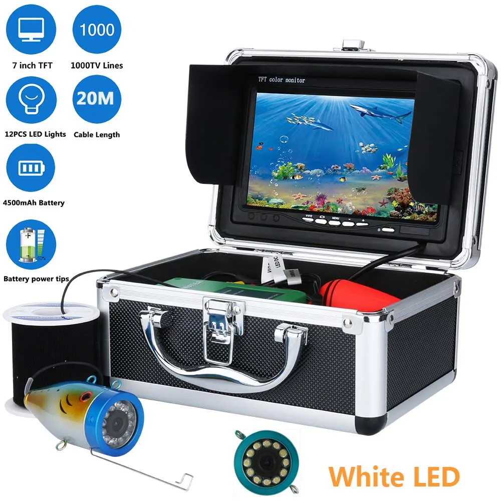 Kit de caméra vidéo de pêche sous-marine, lumières de lampe blanche LED, détecteur de poisson sous l\'eau, 20m, 7 pouces, 1000tvl, 12 pièces