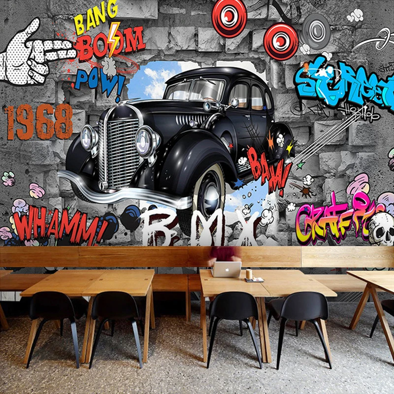 Graffiti mural de dessin animé 3D personnalisé pour garçons, peinture murale de voitures pour restaurant, décor de chambre à coucher, non tissé,