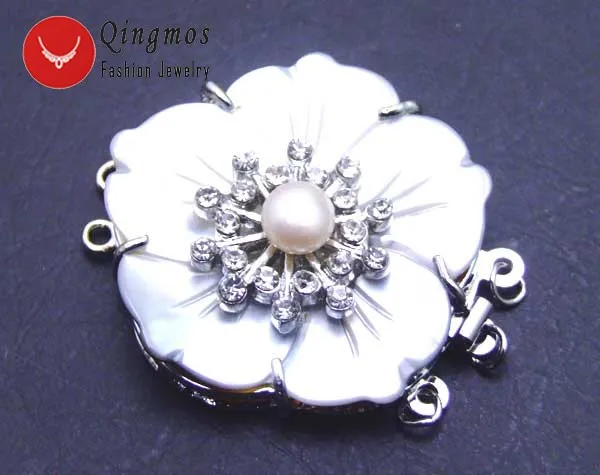 

Qingmos 40mm Flower Shell and 8mm Pearl with White Rhinestone Three Strands Clasp Accessories for Jewelry Gp124 Free Shipping