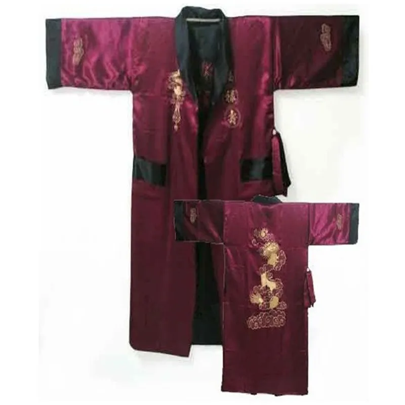 Groen Zwart Omkeerbare Chinese Mannen Borduren Kimono Satin Silk Two-Face Robe Bad Gown Dragon One Size S3002