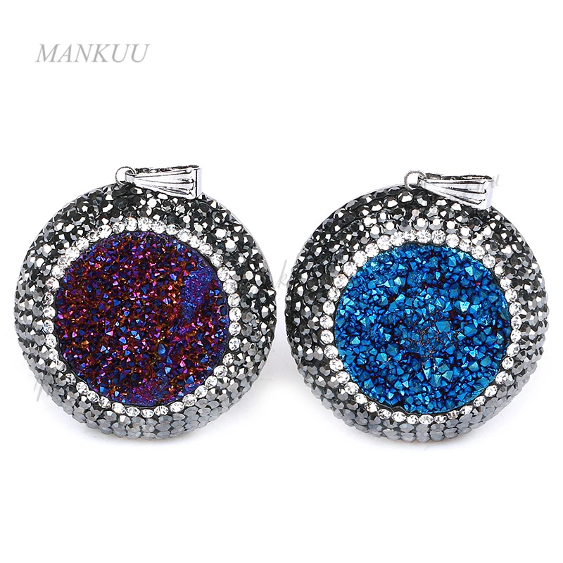 

DP110 Cubic Zirconia Pave Round Shape Titanium Druzy Pendant Brazil Agates Natural Stone Pendant for Women Earrings 32mm