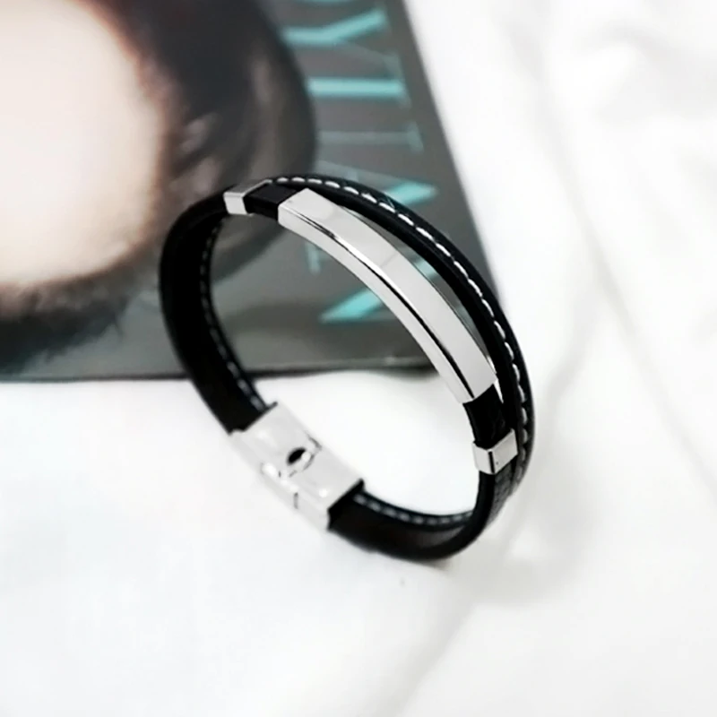 Aiovlo męska czarna stal nierdzewna silikonowe gumowe bransoletki męskie bransoletka akcesoria opaski czarny Pulsera biżuteria męska prezent