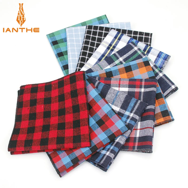 Men\'s Pocket Square Plaid Pattern Handkerchief Fashion Hanky For Men Business Suits Hankies Vintage Towel Accessories Navy