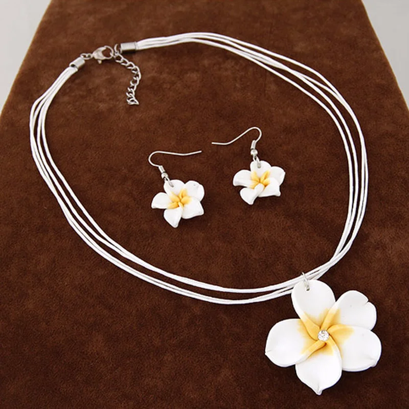 Women\'s sweet Plumeria Flowers Jewelry Sets Polymer Clay Fimo Earrings  Pendant Necklace