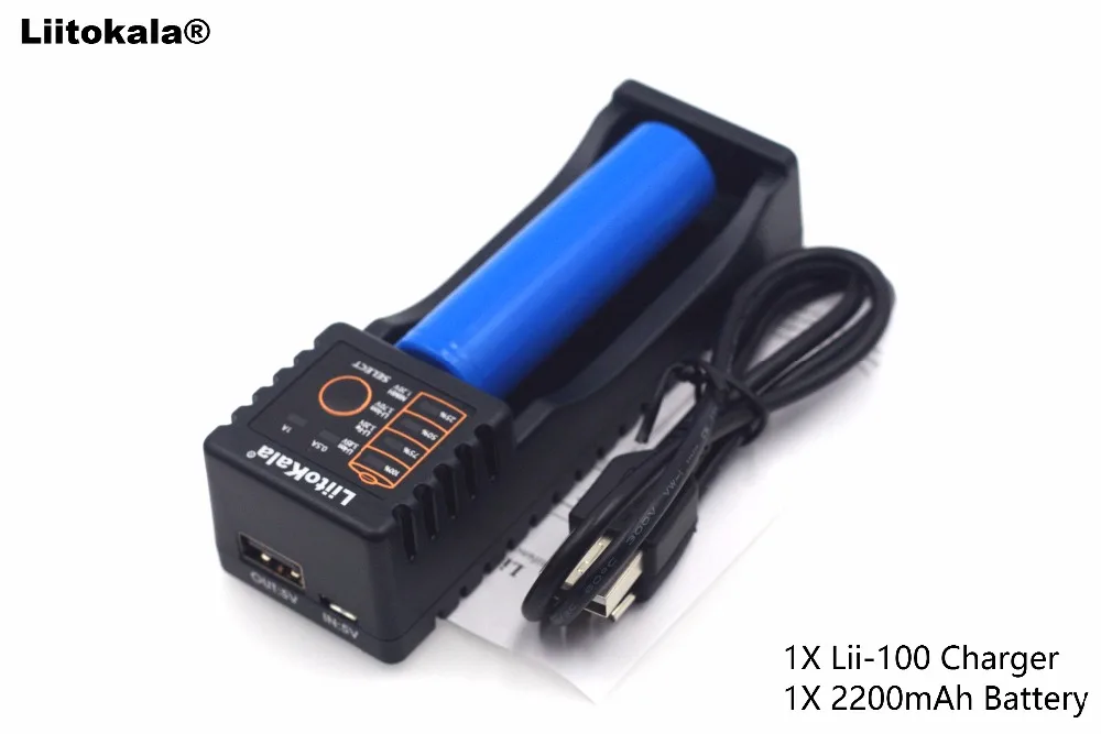 1 x Liitokala Lii-100 1.2V 3V 3.7V 4.25V 18650/26650/18350/16340/ 18500/AA AAA batteria li-ion, caricabatteria + 1x18650 2200 mAh b