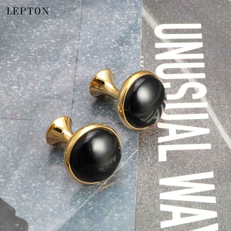 Low-key Luxury Black Onyx Cufflinks for Mens Business Lepton High Quality Gold Color Round Onyx Stone Cuff links Relojes gemelos