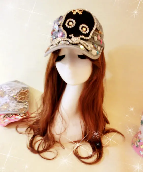 Sweet lolita princess Black big diamond skull bow paillette rhinestone metal gem claw drill denim truck flat military hat