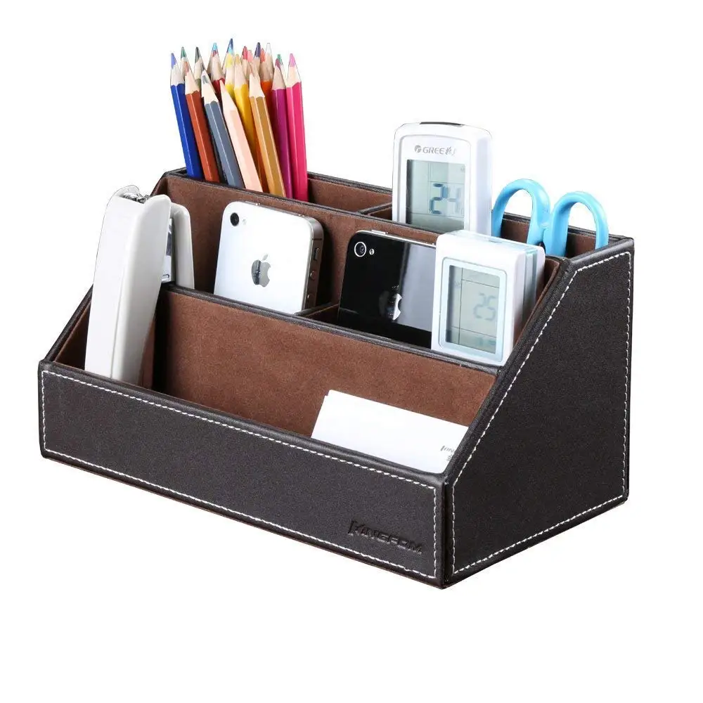 Couro Multi-function Desk Papelaria Organizador, Caixa De Armazenamento, Caneta, Cartões De Nome Da Empresa, Papel De Nota, Estrutura De Madeira, Home Office