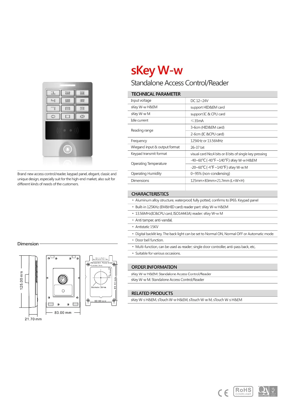 Standalone Door Access Control Reader