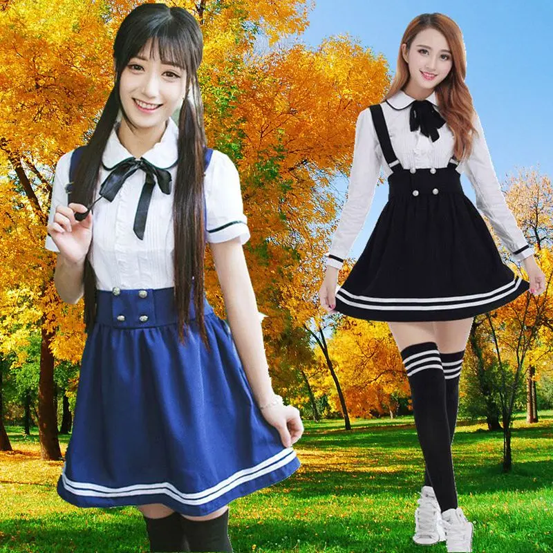 Korean School Uniform for Girls, Navy Sailor Suit for Women, Japanese School Uniform, Cotton White Shirt, Plaid Straps Skirt