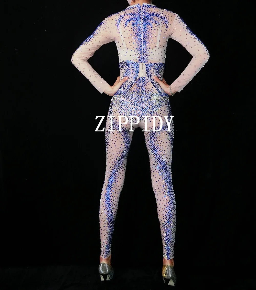 Blue หรือ Silver Glisten Rhinestones Jumpsuit ยืดตาข่ายหินผู้หญิง Party Nightclub Rompers เซ็กซี่ 3 สีชุด