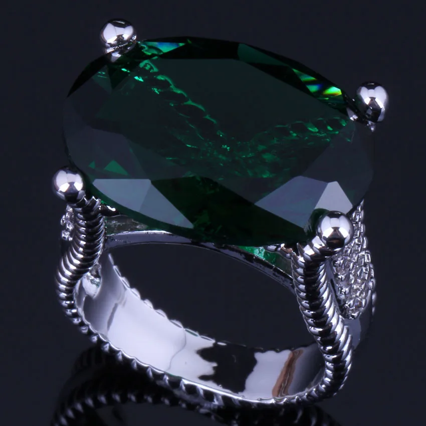 Valuable Huge Oval Egg Green Cubic Zirconia Silver Plated Ring V0572