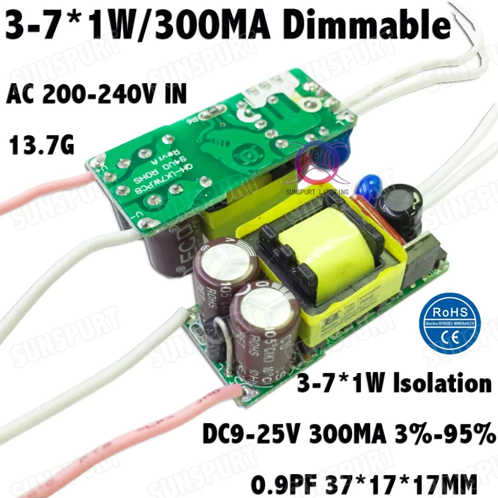 

5 Pieces Isolation 7W AC200-240V LED Dimmable Driver 3-7x1W 300mA 3%-95% DC9-25V Power Constant Current BulbLamp Free Shipping