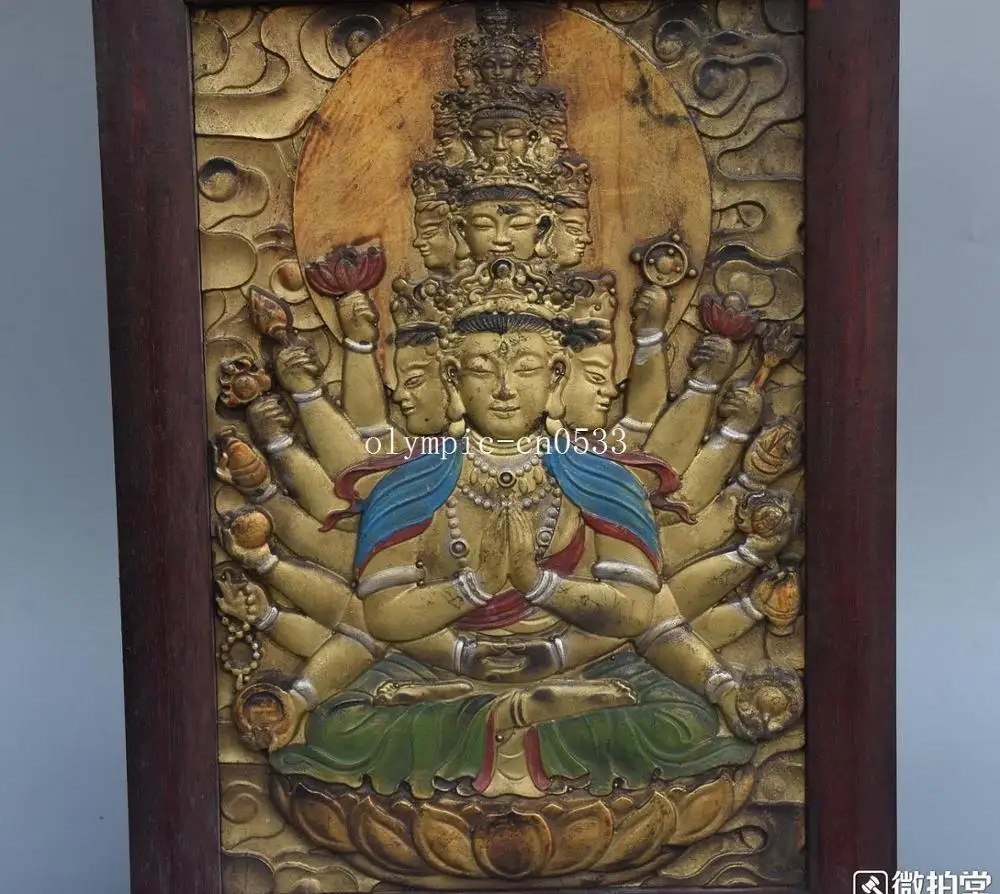 12'' tibet buddhism wood copper colored drawing Thousands Hands Guanyin statue