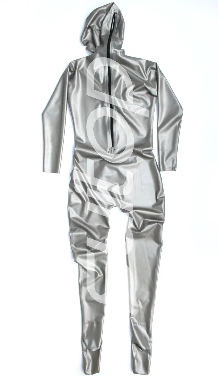 Cao su Zentai Latex CATSUIT (trong ý silver) với cá tuyết peieces và lỗ với bàn chân