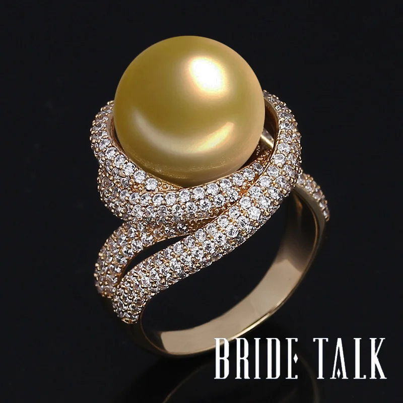 Bride Talk Fashion Brand Women Pearl Ring Cubic Zirconia Twisted Lines Luxury Finger Rings Elegant Jewelry For Wedding Party