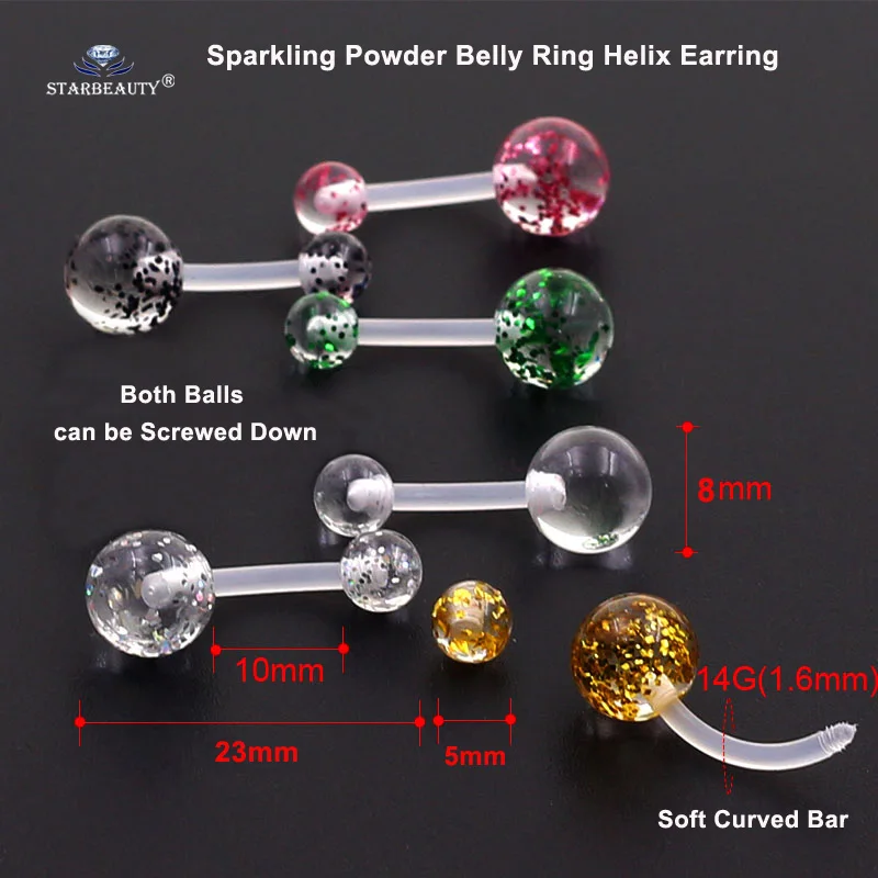 Sparkling Powder 5pcs/lot Clear Soft Acrylic Belly Ring Navel Piercing Helix Cartilage Earring Curved Barbell Belly Button Rings