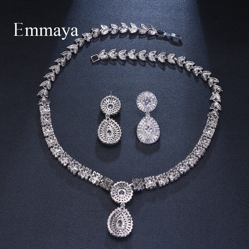 Emmaya Brand Charm Gorgeous Cubic Zircon White Gold Color New Crystal Earrings Necklace Set For Women Bride Jewelry Gift