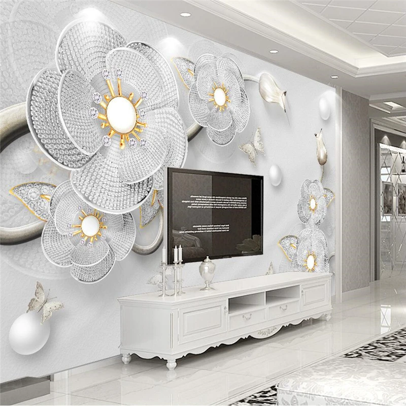 wellyu Papel de parede 3D luxury diamond flowers European jewelry TV background wall custom large fresco green wallpaper