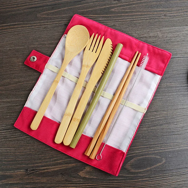 6pc Natural Bamboo Tableware Set Gift Kitchen Accessories Gadgets Tools Dinner knife+Chopsticks+Fork+Spoon+Straw+Brush