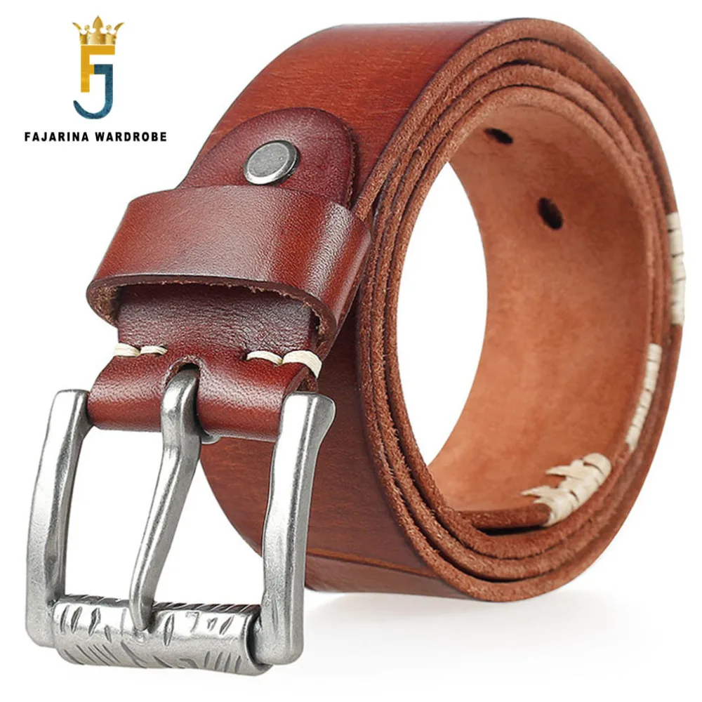 FAJARINA – ceinture en cuir de vache Pure pour hommes, nouveau Design Vintage, rétro, lignes épaisses, en alliage, avec boucle, 2017