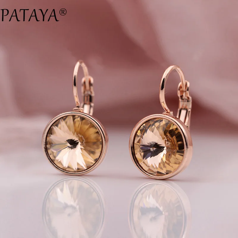 PATAYA 328 Anniversary 585 Rose Gold Color Round Crystal Dangle Earrings Women Wedding Party Luxury Fine Jewelry Accessories