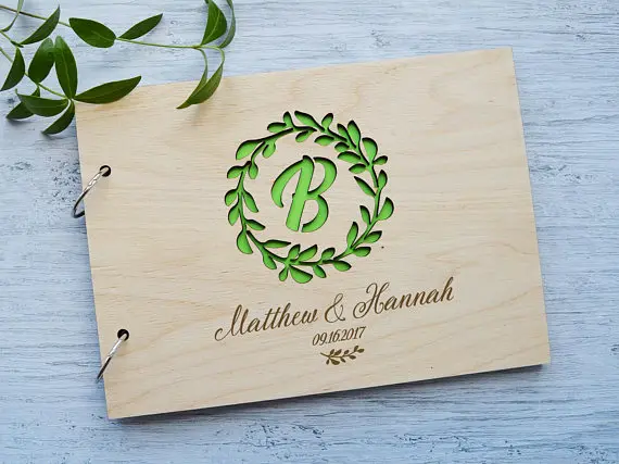 customize wreath vine Monogrammed wedding Wooden Guestbooks Memory album engraved Signature Guest Books party favors