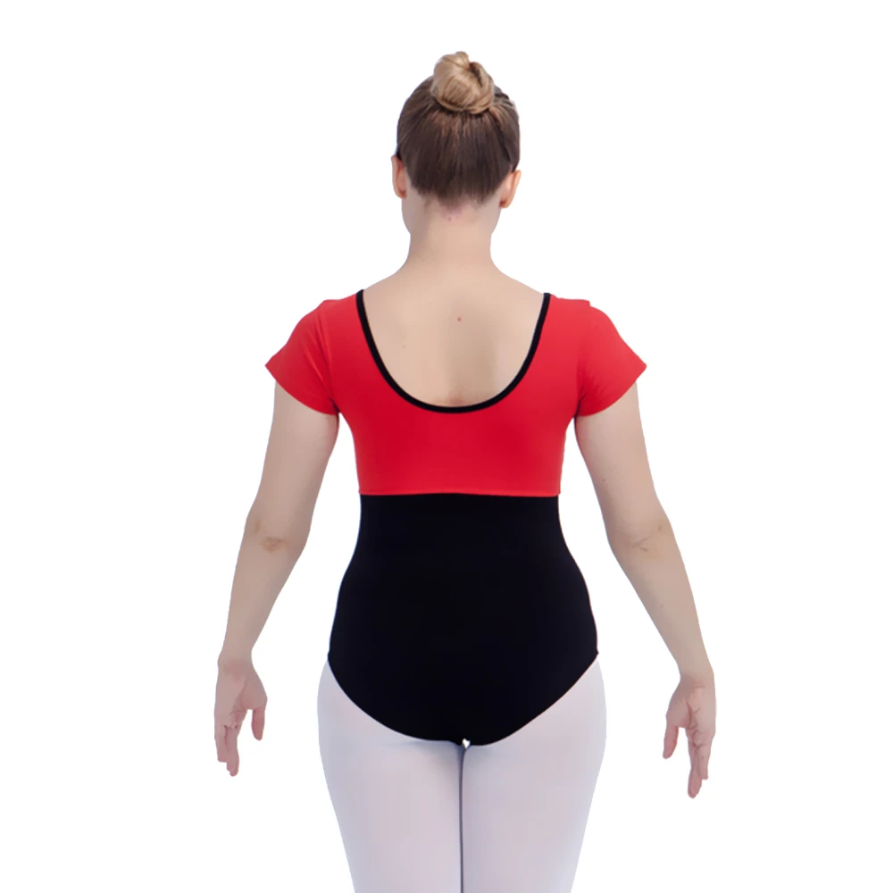 Retail Wholesale Red with Black Cotton/Lycra Short Sleeve Two-tone Tank Dance Leotard for Ladies and Girls