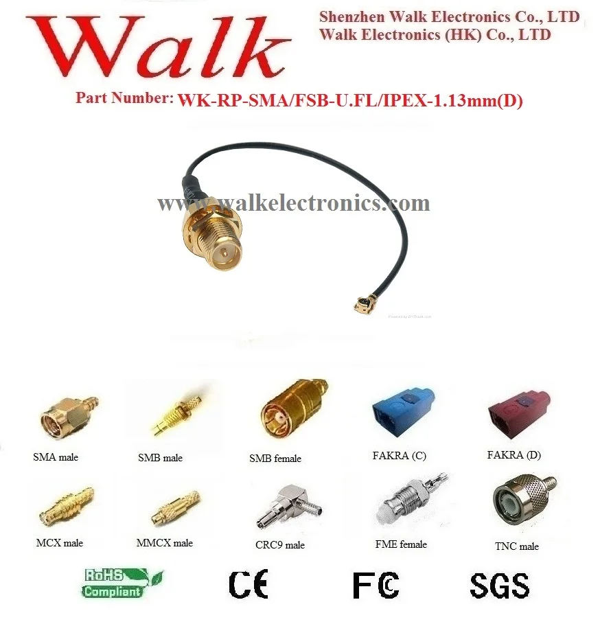 RP-SMA female U.FL 1.13mm(D) cable, SMA IPX 1.13mm(D) cable, u.fl sma cable, wifi antenna cable