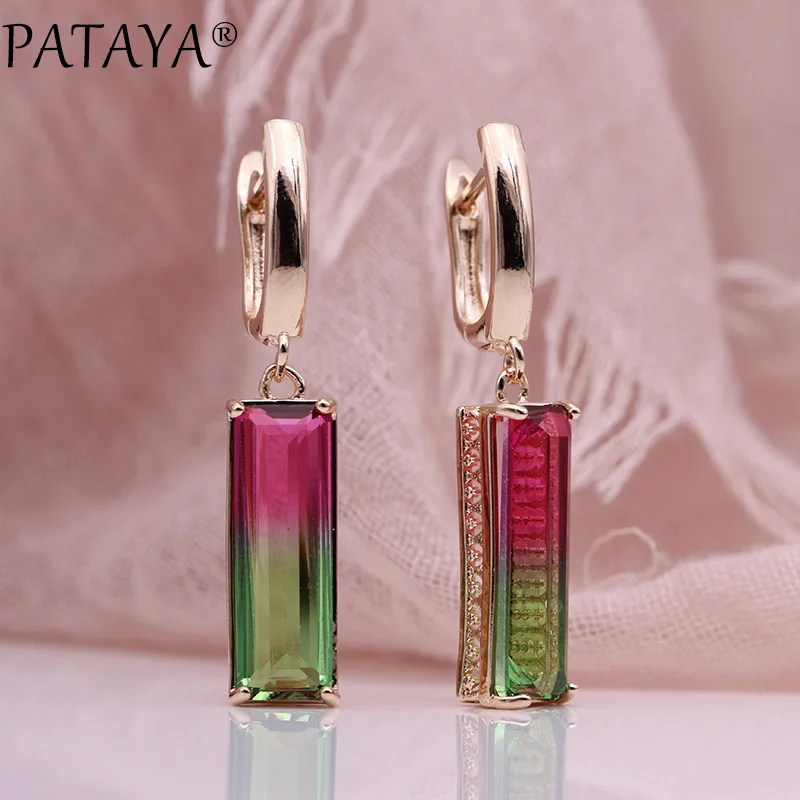 PATAYA New Gradient Blue Long Earrings Women Fashion Luxury Jewelry 585 Rose Gold Color Tourmaline Zircon Square Dangle Earrings